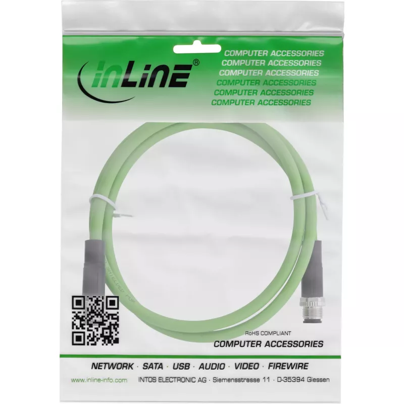 InLine pramoninis tinklo kabelis, M12 4-pin D-koduotas vyriškas/vyriškas, PUR 3m