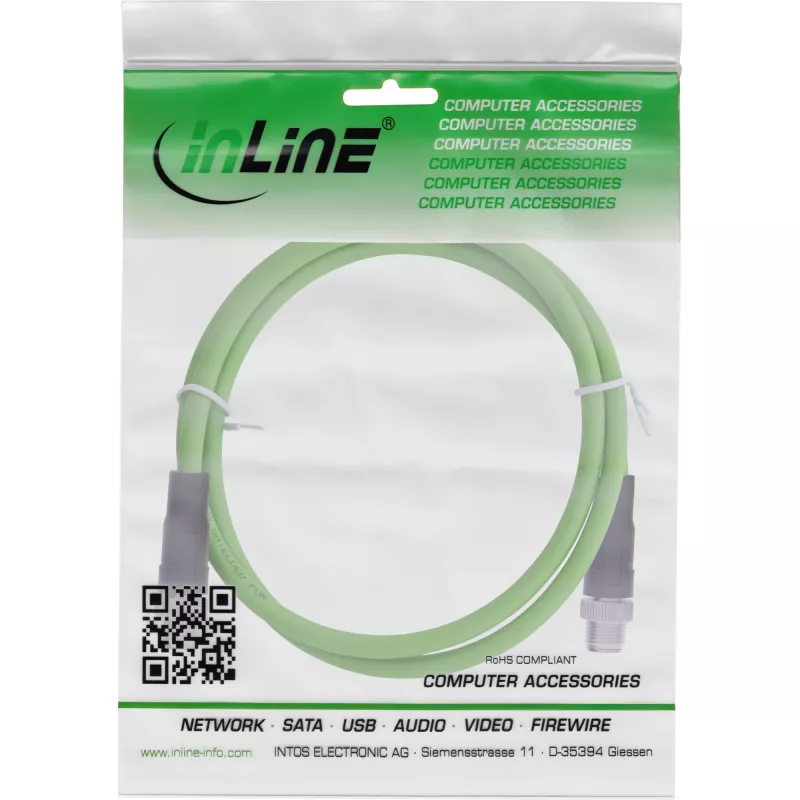 InLine pramoninis tinklo kabelis, M12 8 kontaktų X-koduotas vyriškas/vyriškas, Cat.6A PUR 2 m