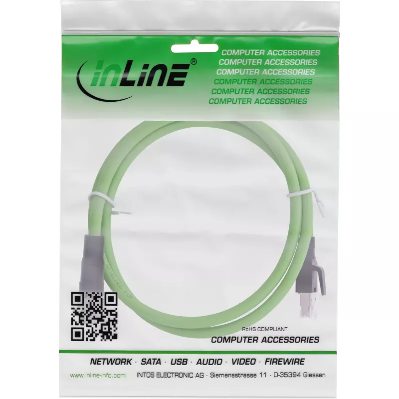 InLine pramoninis tinklo kabelis M12 8 kontaktų X-koduotas į RJ45 kištuką, Cat.6A PUR 1 m