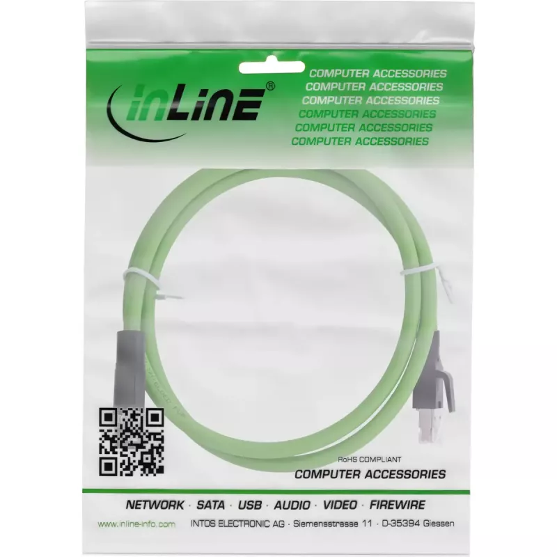 InLine pramoninis tinklo kabelis, M12 4 kontaktų D-koduotas kištukas į RJ45, PUR 5 m