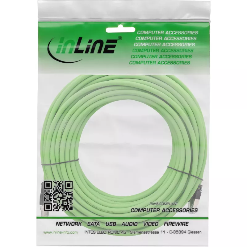 InLine pramoninis tinklo kabelis, M12 8 kontaktų X-koduotas į RJ45 kištuką, Cat.6A PUR 15 m