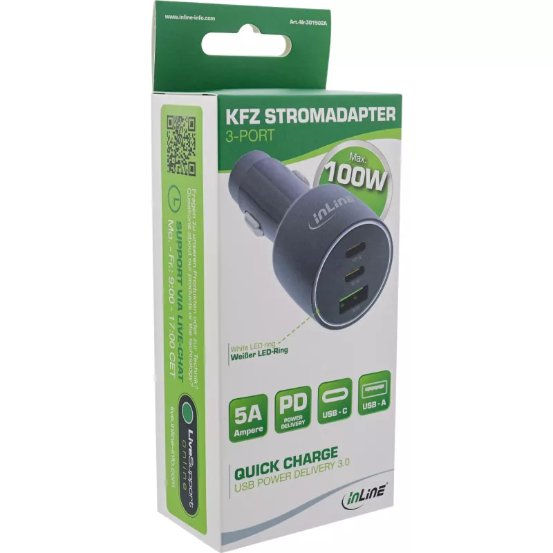 InLine automobilinis USB maitinimo adapteris Power Delivery, 2x USB-C + QC USB-A, juodas