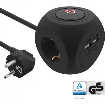 InLine Charging Cube 16499B 3x įžemintas lizdas 2x USB-C 2x USB-A juodas 2m