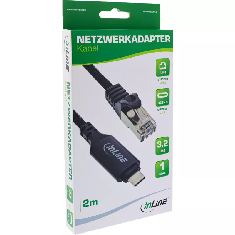 InLine 33381A USB-C į RJ45 Cat6 tinklo kabelis 2m juodas