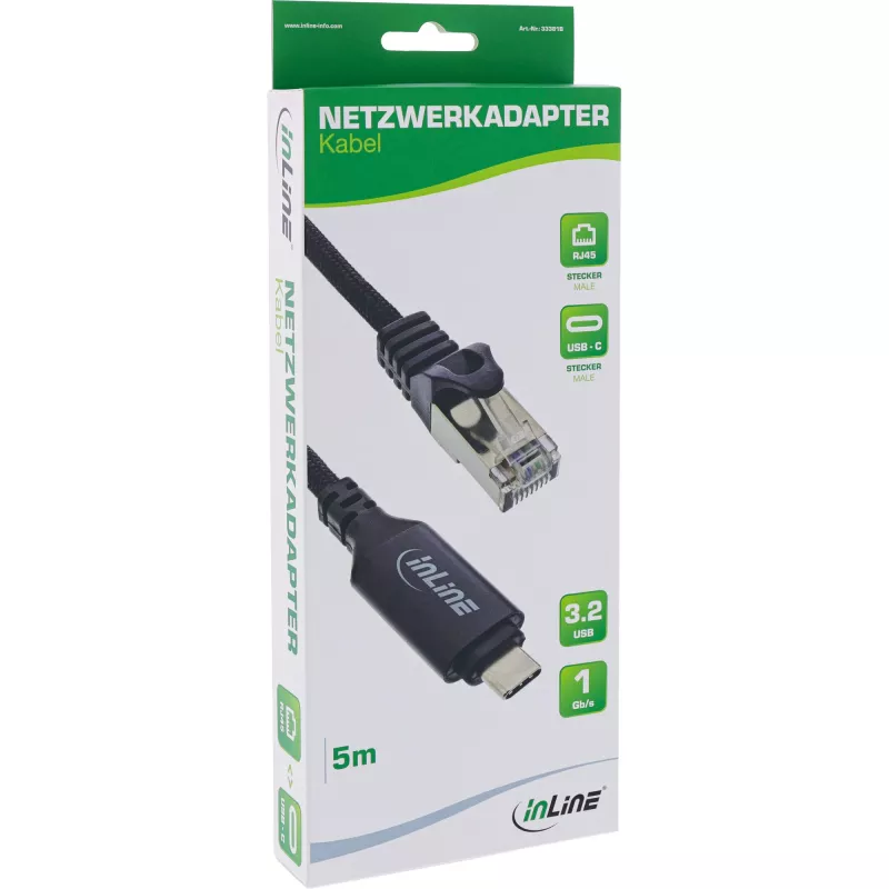 InLine 33381B USB-C į RJ45 Gigabit tinklo kabelis 5m juodas
