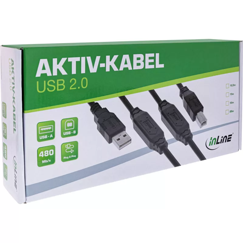 InLine USB 2.0 aktyvus kabelis, USB-A kištukas į USB-B kištuką, 25 m