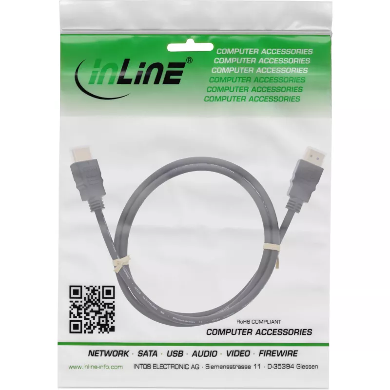 InLine HDMI kabelis, HDMI High Speed with Ethernet, kištukas/kištukas, juodas, 0,5 m (17550)