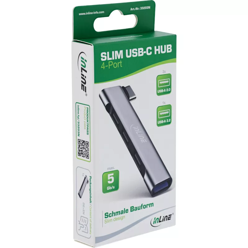 InLine Slim USB-C Hub, 4 prievadai, USB 3.0 + 3x USB 2.0, plonas dizainas