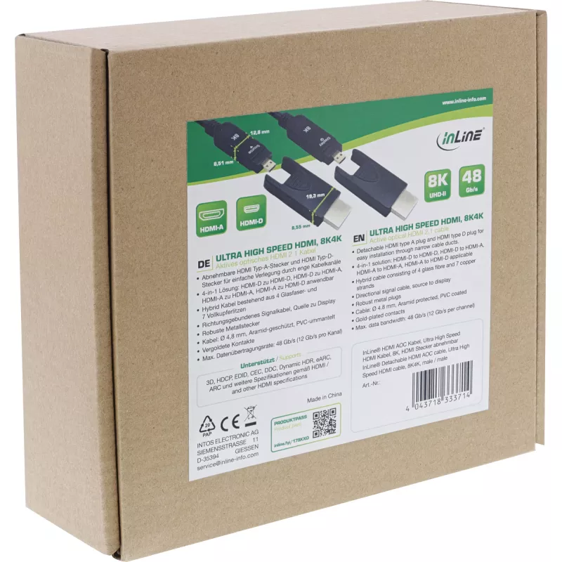 InLine HDMI AOC laidas, Ultra High Speed HDMI, 8K4K, nuimamas kištukas, 15m
