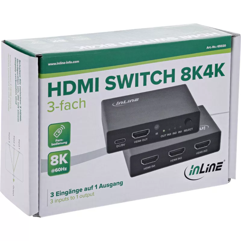 HDMI jungiklis InLine 65020 3 prievadai 8K 60Hz HDCP 2.3