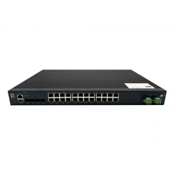 LevelOne IXP-2871 28 prievadų L2 Plus valdomas pramoninis PoE jungiklis, 4 x 1/2.5/10GbE SFP+, 24 PoE išėjimai, 370 W, 802.3AF/AT/BT PoE, 19 colių montavimas stove, -40°C iki 80°C