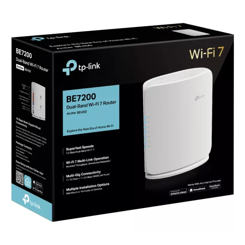 Belaidis maršrutizatorius TP‑Link Archer BE450 — Dviejų juostų (2,4/5 GHz), Wi‑Fi 7, Multi‑Gigabit Ethernet, 5x LAN, USB, baltas
