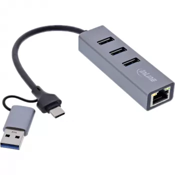 InLine 33380S 4-in-1 USB-C / USB-A Gigabit Ethernet stotelė, USB 3.2 Gen 1, 5 Gb/s, pilka
