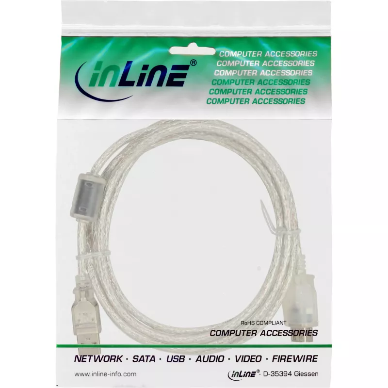 InLine USB 2.0 prailginimo kabelis Type A M/F, skaidrus, su feritu, 5 m