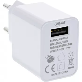 InLine USB maitinimo adapteris Single, 100–240 V į 5 V / 2,5 A, baltas