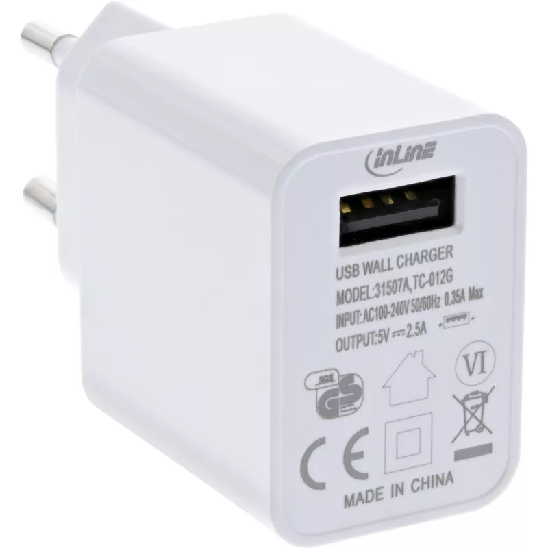 InLine USB maitinimo adapteris Single, 100–240 V į 5 V / 2,5 A, baltas