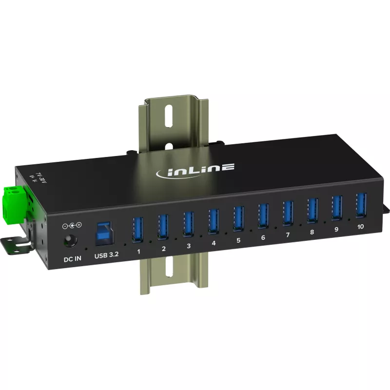 InLine 35396C pramoninis USB 3.2 Gen 1 koncentratorius, 10 prievadų, aliuminio korpusas, juodas