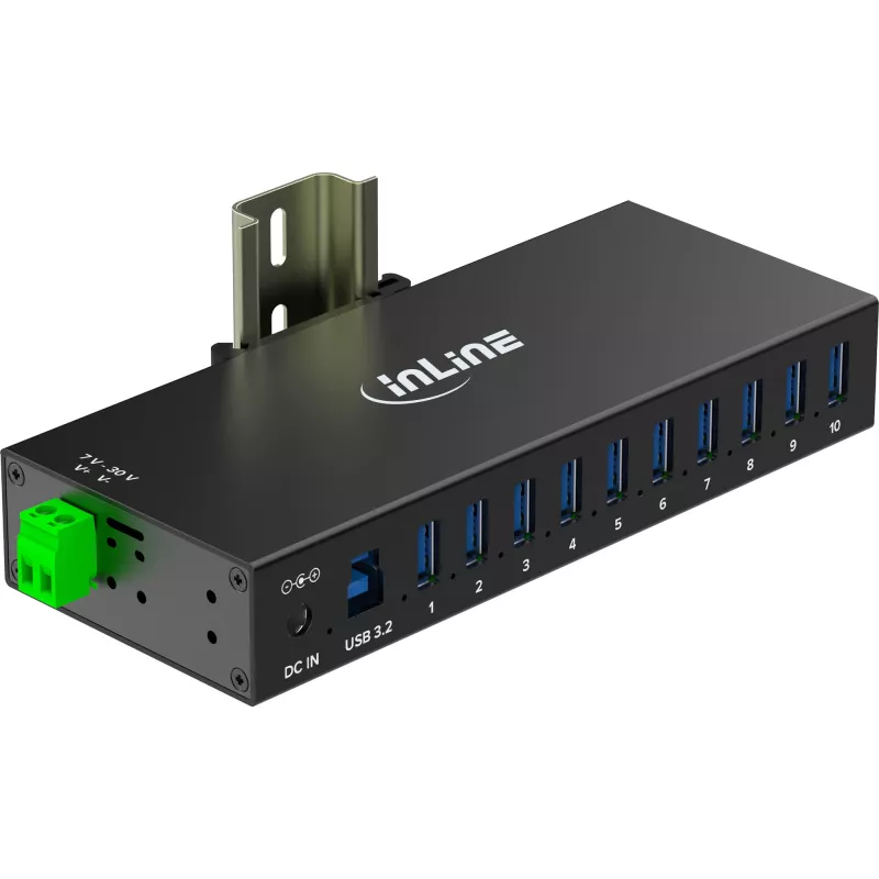 InLine 35396C pramoninis USB 3.2 Gen 1 koncentratorius, 10 prievadų, aliuminio korpusas, juodas