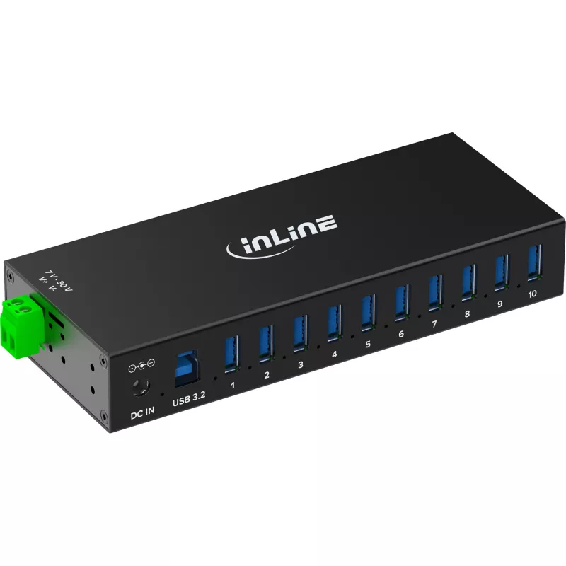 InLine 35396C pramoninis USB 3.2 Gen 1 koncentratorius, 10 prievadų, aliuminio korpusas, juodas