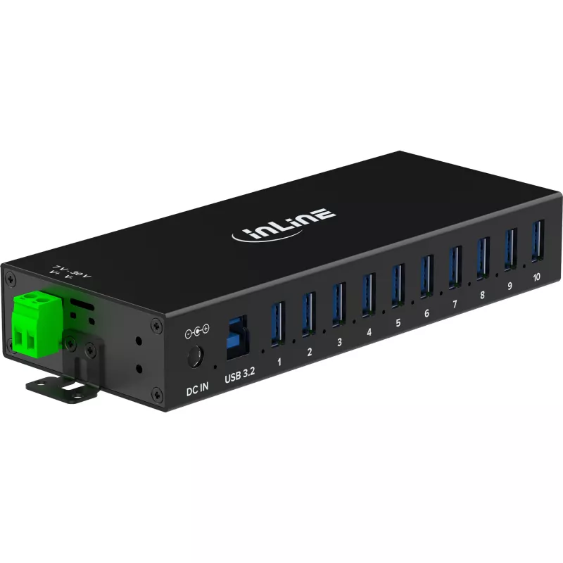 InLine 35396C pramoninis USB 3.2 Gen 1 koncentratorius, 10 prievadų, aliuminio korpusas, juodas