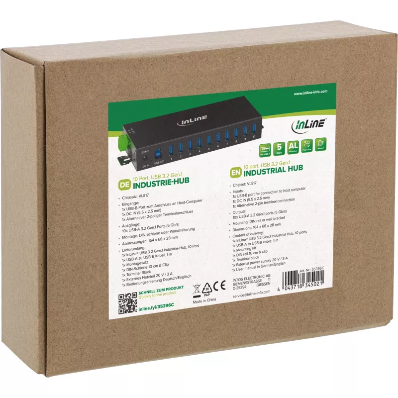 InLine 35396C pramoninis USB 3.2 Gen 1 koncentratorius, 10 prievadų, aliuminio korpusas, juodas