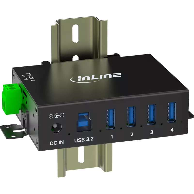 InLine 35396A pramoninis USB 3.2 Gen 1 šakotuvas, 4 prievadai, aliuminio korpusas, juodas