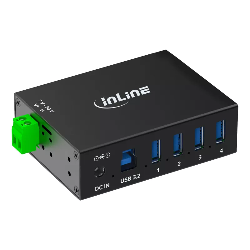 InLine 35396A pramoninis USB 3.2 Gen 1 šakotuvas, 4 prievadai, aliuminio korpusas, juodas