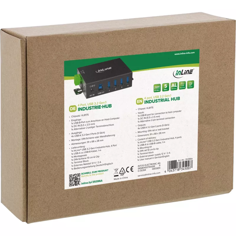 InLine 35396A pramoninis USB 3.2 Gen 1 šakotuvas, 4 prievadai, aliuminio korpusas, juodas