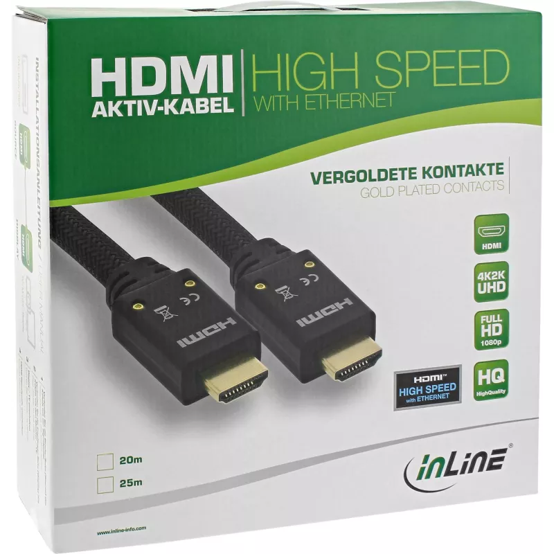 InLine HDMI Active laidas, HDMI-High Speed su Ethernet, M/M, Nailono pynė, 20m
