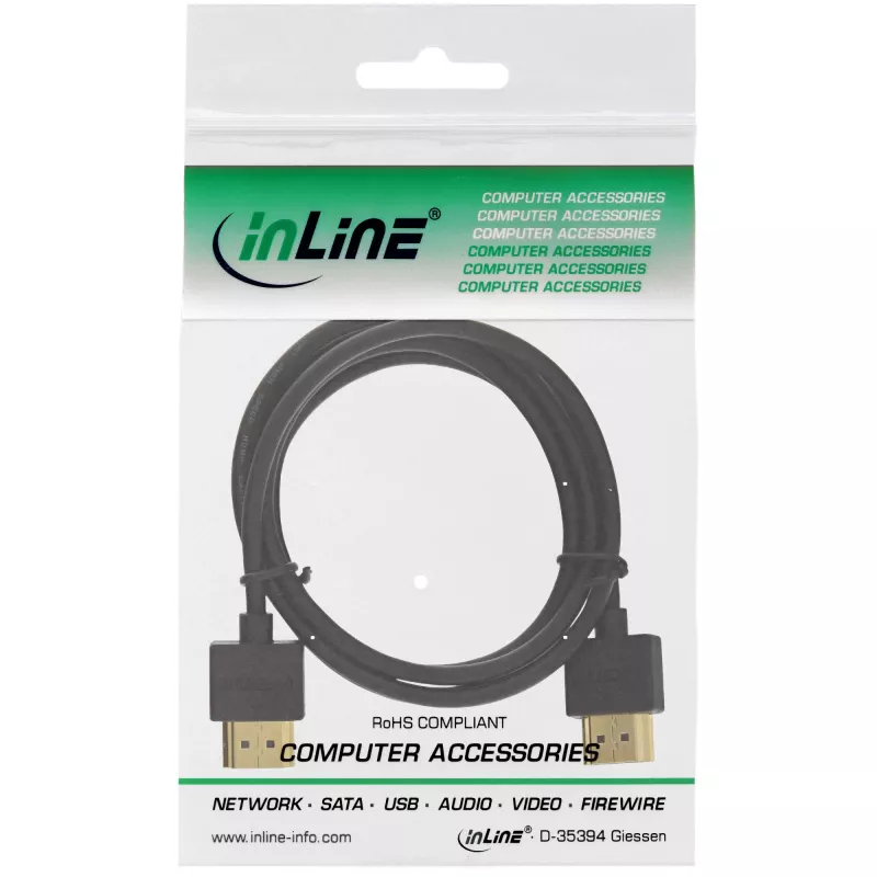 InLine High Speed HDMI kabelis su Ethernet, AM/AM, itin plonas, juodas/auksinis, 1,5 m
