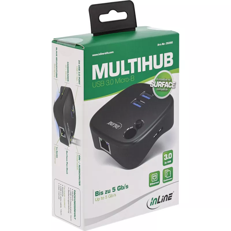 InLine USB 3.0 Multifunkcinis adapteris, 2xUSB-A, RJ45, SD/MicroSD kortelių skaitytuvas, juodas