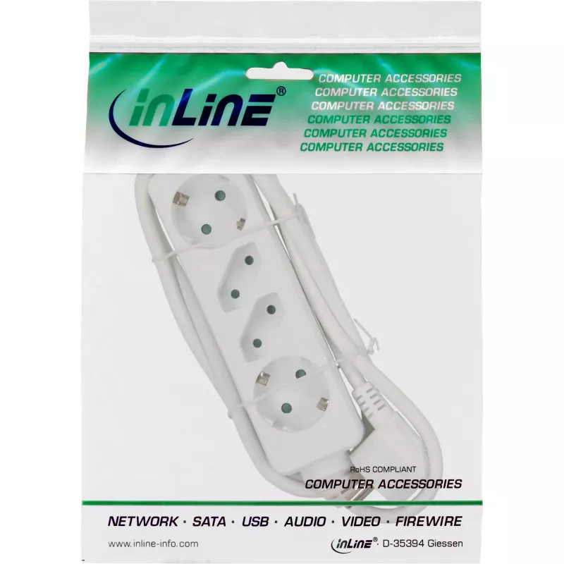 InLine 16441W kištukinis lizdas, 4 jungtys, 2x CEE7/3 + 2x Euro CEE7/16, baltas, 1,5 m