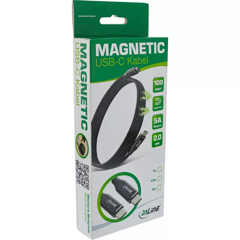 InLine Magnetic USB-C laidas, USB-C vyriškas / vyriškas, 100W, juodas, 2m