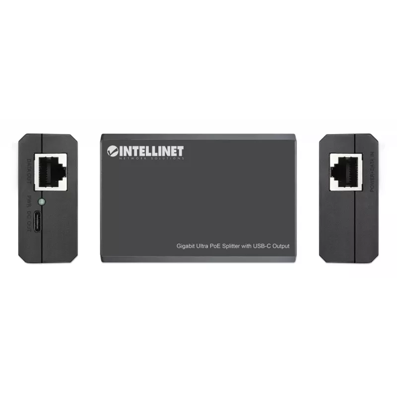 Intellinet PoE skirstytuvas su USB-C išvestimi, PoE++ / 4PPoE, Gigabit Ultra, IEEE 802.3bt, RJ45 įėjimo ir išėjimo prievadai, iki 45 W USB-C išvestis