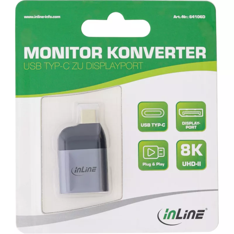 USB-C į DisplayPort keitiklis InLine 64106D (vyriškas USB-C į moterišką DisplayPort, 8K60Hz)