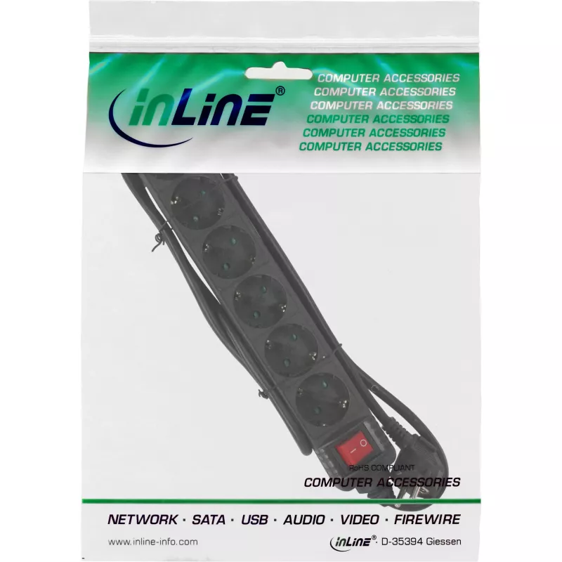 InLine 6-ių lizdų kištukinis ilgintuvas su įžeminimo kontaktais CEE 7/3, juodas, 3 m