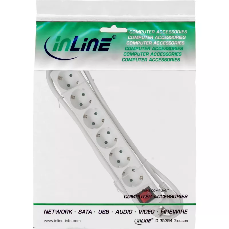 InLine 16461T 6-ių lizdų apsauginis ilgintuvas su įžeminimu CEE 7/3 baltas 1,5 m