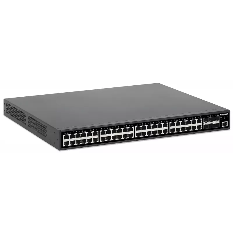 Intellinet 48 prievadų Gigabit Ethernet PoE+ valdomas L2+ jungiklis su šešiais 10G SFP+ uplinkais, IEEE 802.3at/af (PoE+/PoE), 450 W PoE biudžetas, L2+/L3 Lite, 6 x 10G SFP+