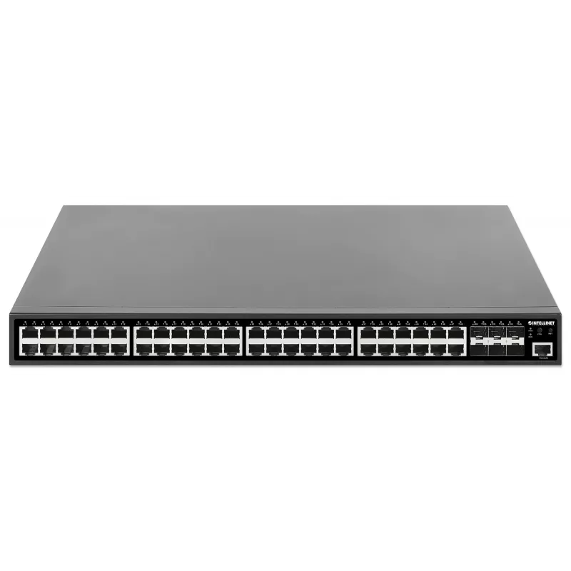 Intellinet 48 prievadų Gigabit Ethernet PoE+ valdomas L2+ jungiklis su šešiais 10G SFP+ uplinkais, IEEE 802.3at/af (PoE+/PoE), 450 W PoE biudžetas, L2+/L3 Lite, 6 x 10G SFP+