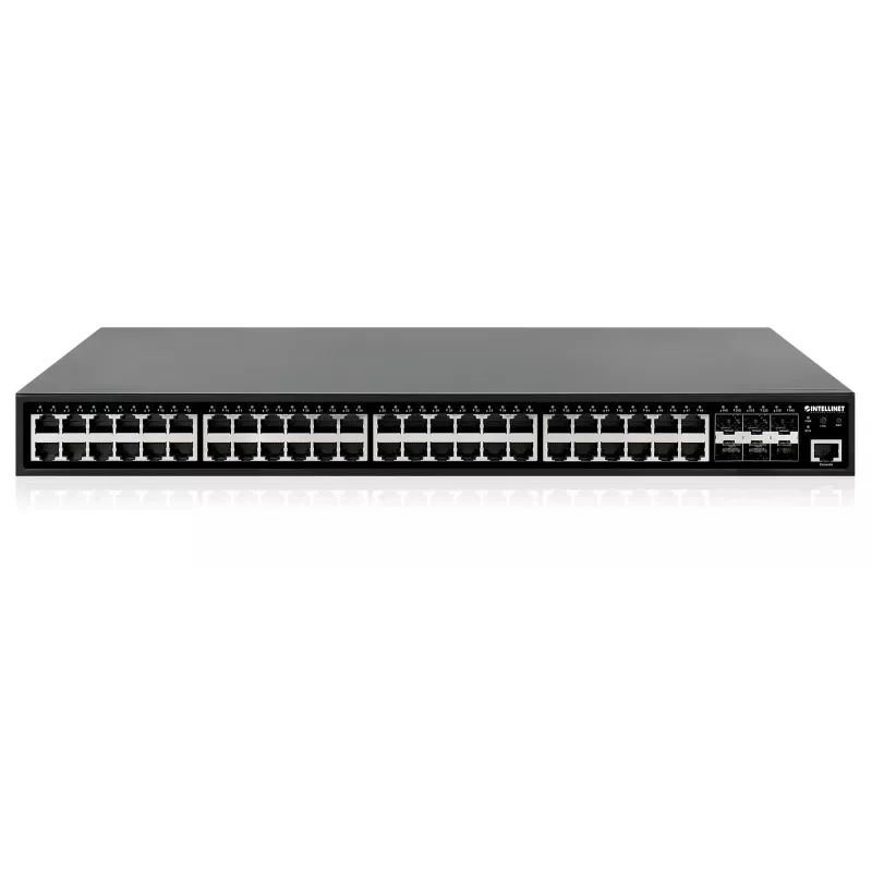 Intellinet 48 prievadų Gigabit Ethernet PoE+ valdomas L2+ jungiklis su šešiais 10G SFP+ uplinkais, IEEE 802.3at/af (PoE+/PoE), 450 W PoE biudžetas, L2+/L3 Lite, 6 x 10G SFP+