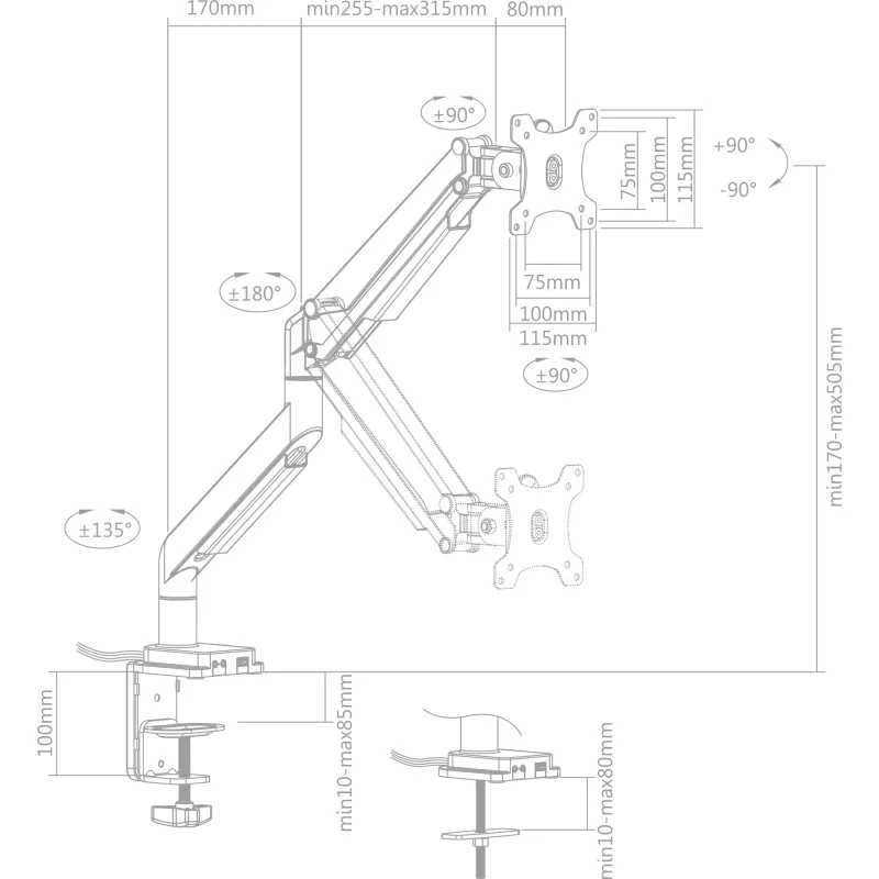 InLine stalo laikiklis su kėlimo mechanizmu ir USB/Audio iki 82 cm 32 colių 9 kg