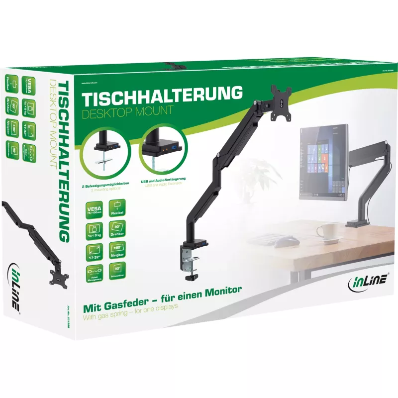InLine stalo laikiklis su kėlimo mechanizmu ir USB/Audio iki 82 cm 32 colių 9 kg