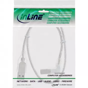 InLine USB 2.0 laidas su stačiu kampu, A tipo (vyriškas) / B tipo (vyriškas), permatomas, 3 m