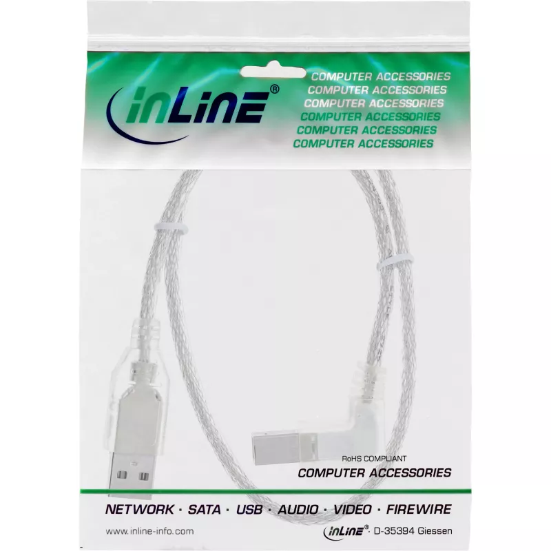 InLine USB 2.0 laidas su stačiu kampu, A tipo (vyriškas) / B tipo (vyriškas), permatomas, 3 m