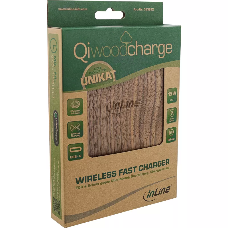 InLine Qi woodcharge belaidis greitasis įkroviklis, 5/7,5/10W/15W, USB-C