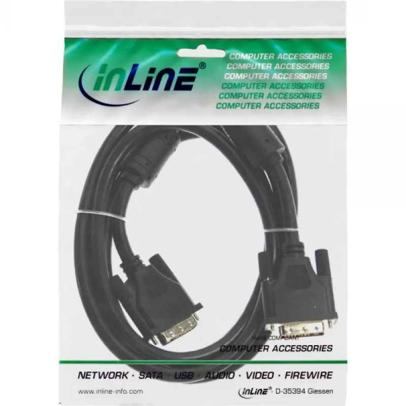 InLine DVI-D laidas 24+1 kištukas / kištukas Dual Link su 2 ferito žiedais 10 m