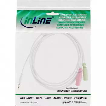 InLine 99301W Adapterinis laidas ausinėms 3,5 mm 4 kontaktų kištukas / 2x 3,5 mm lizdai, baltas, 1 m
