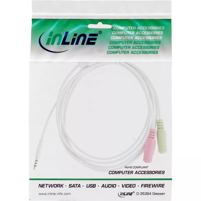 InLine 99301W Adapterinis laidas ausinėms 3,5 mm 4 kontaktų kištukas / 2x 3,5 mm lizdai, baltas, 1 m