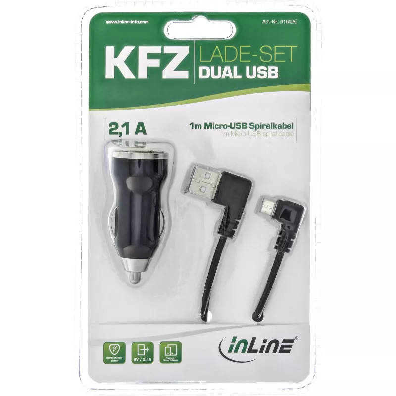 InLine USB DUAL+ KFZ automobilinis įkroviklis su 1 m spiraliniu kabeliu
