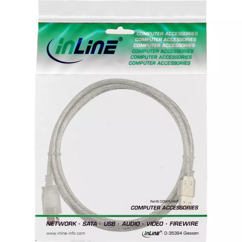 USB 2.0 ilginimo laidas Type A M/F InLine 34650 0,5 m permatomas